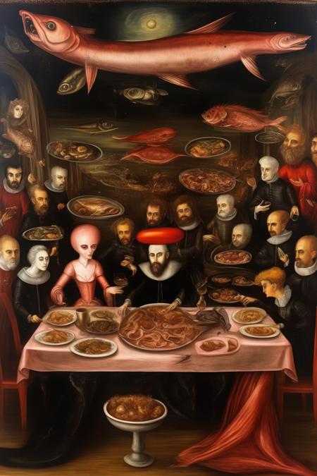 00307-118531103-_lora_Leonora Carrington Style_1_Leonora Carrington Style - a Tintoretto painting depicting a dinner table but full of surrealis.png